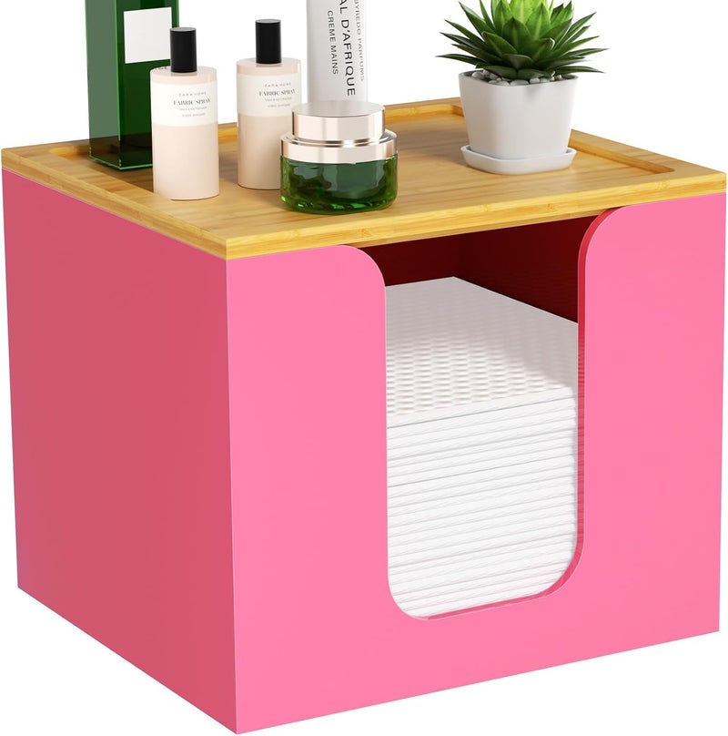 VITVITI Disposable Face Towel Holder Box, Acrylic Facial Towel Container for XL Clean Skin Club, Large Disposable Face Towels Storage with Bamboo Lid, for Bathroom, Vanity Makeup, Pink - Image 1